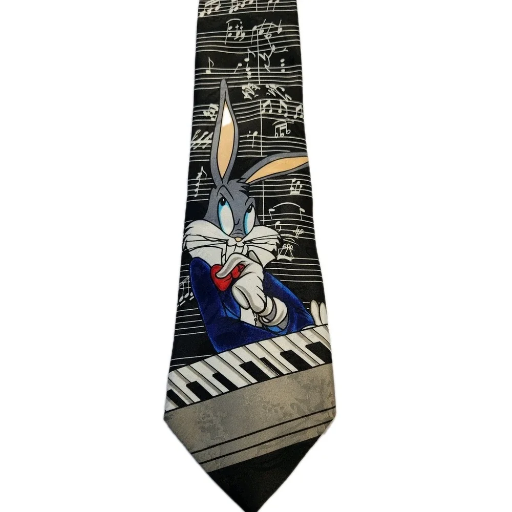 Vintage Looney Tunes Mania Mens Necktie Bugs Bunny Piano Musical‎ Notes 1995 Tie